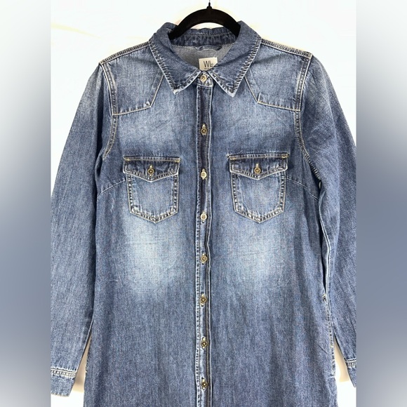 Wash Lab Women's Small Blue Cotton Long Sleeve Denim Maxi Raw Hem Shirtdress - Picture 9 of 12
